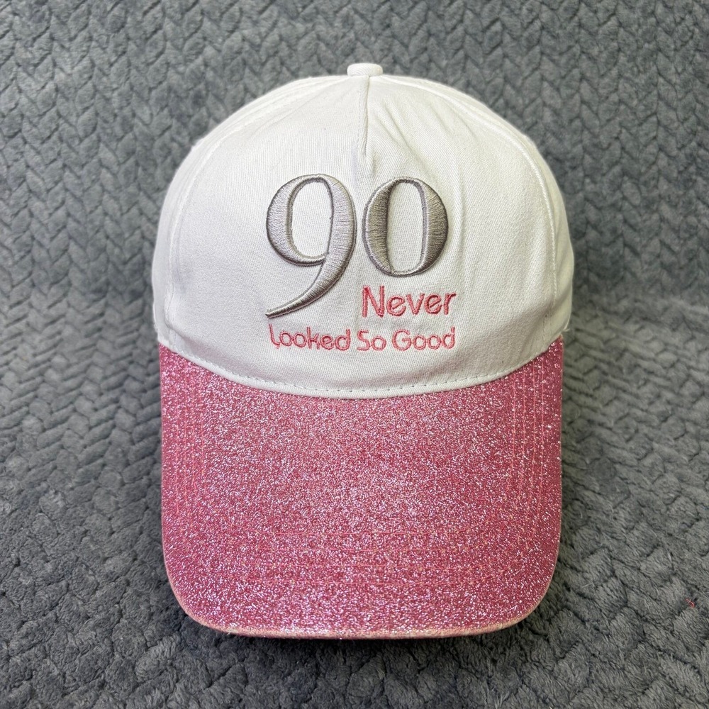 90 Never Looked So Good Birthday Hat White Pink Glitter Brim Baseball Cap - Picture 2 of 8